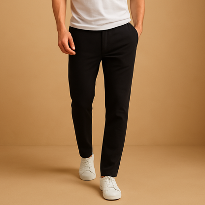 Men’s casual cotton pants with elastic waistband, breathable fabric, and timeless design, perfect for daily wear and home comfort.