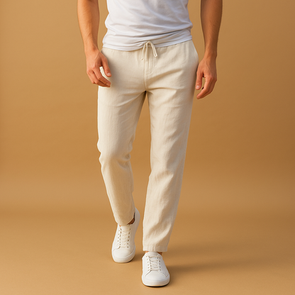 Men’s casual cotton pants with elastic waistband, breathable fabric, and timeless design, perfect for daily wear and home comfort.