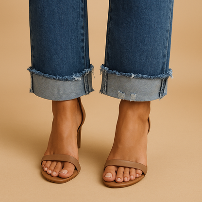 Women’s casual jeans with a relaxed fit and asymmetric waistband, offering comfort and a modern urban style for everyday wear.