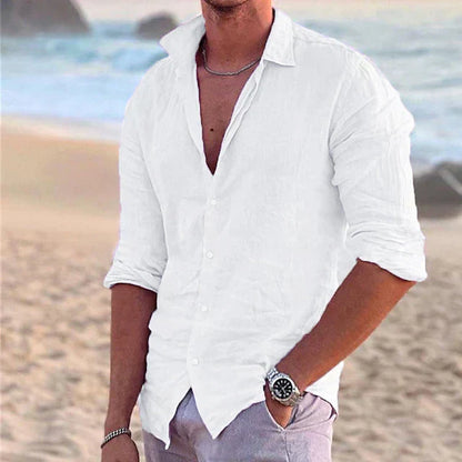 Casual men's linen shirt with long sleeves – Milan-White-S-Nora Luxe