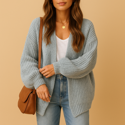 Women’s casual open front knitted cardigan with relaxed fit, breathable knit, and subtle texture, perfect for layering at home, office, or casual days.