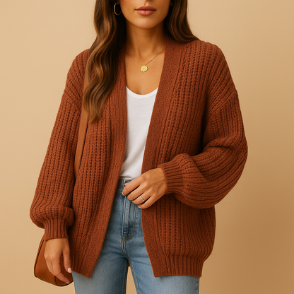 Women’s casual open front knitted cardigan with relaxed fit, breathable knit, and subtle texture, perfect for layering at home, office, or casual days.