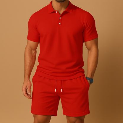 Sporty summer set for men with solid color polo shirt and shorts with drawstring detail, ideal for golf, leisure, or beach days.
