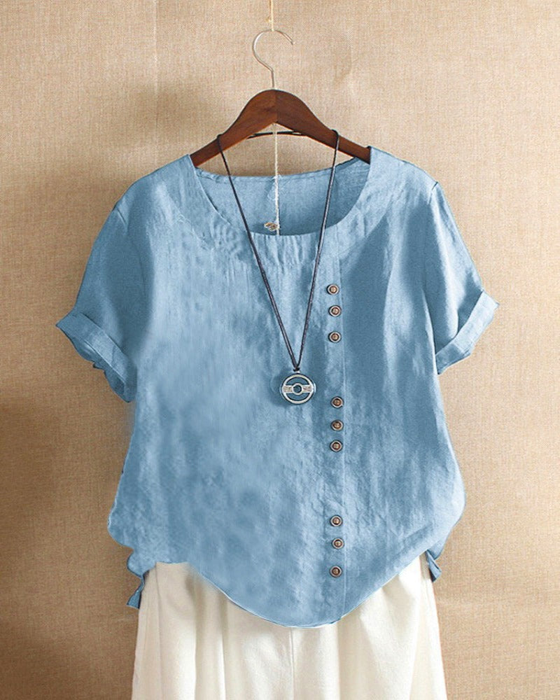 Casual Short Sleeve Blouse with Round Neck - Nora-Light blue-S-Nora Luxe