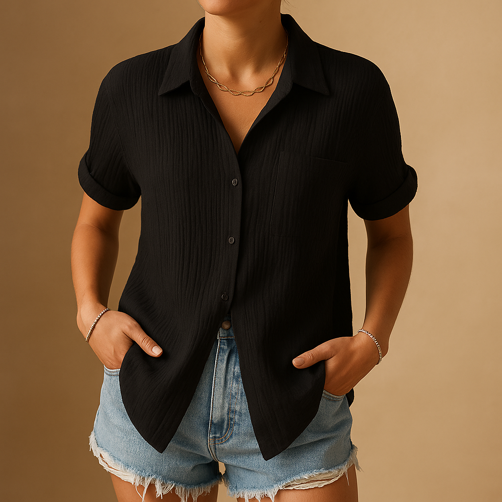 Casual short sleeve polo shirt for women with a chest pocket, suitable for everyday wear, summer outings, and relaxed occasions.