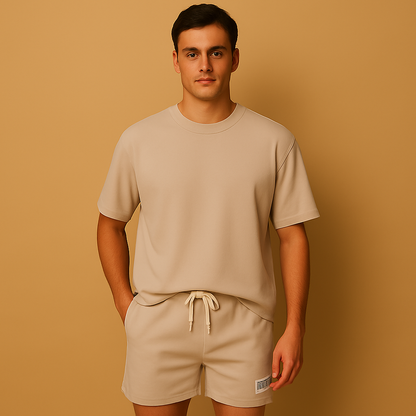 Men’s casual summer set with minimalist T-shirt and matching shorts in classic and bold colors. Relaxed fit, perfect for leisure and warm days.