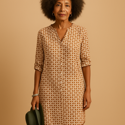 Light and airy women’s V-neck dress with half sleeves and a loose fit, perfect for casual wear, brunches, and warm days.