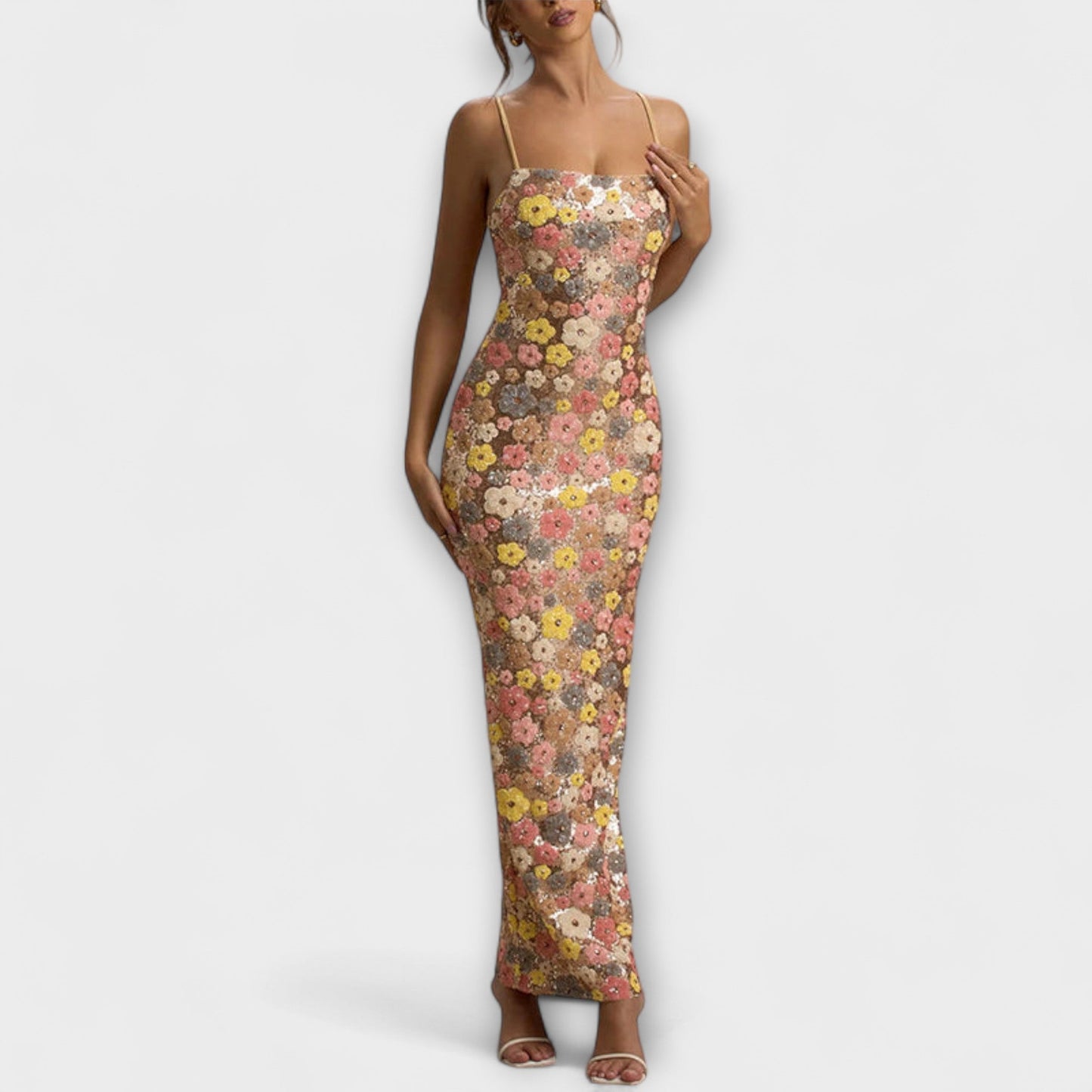 Vibrant Floral Sequin Evening Maxi Dress - Nocini