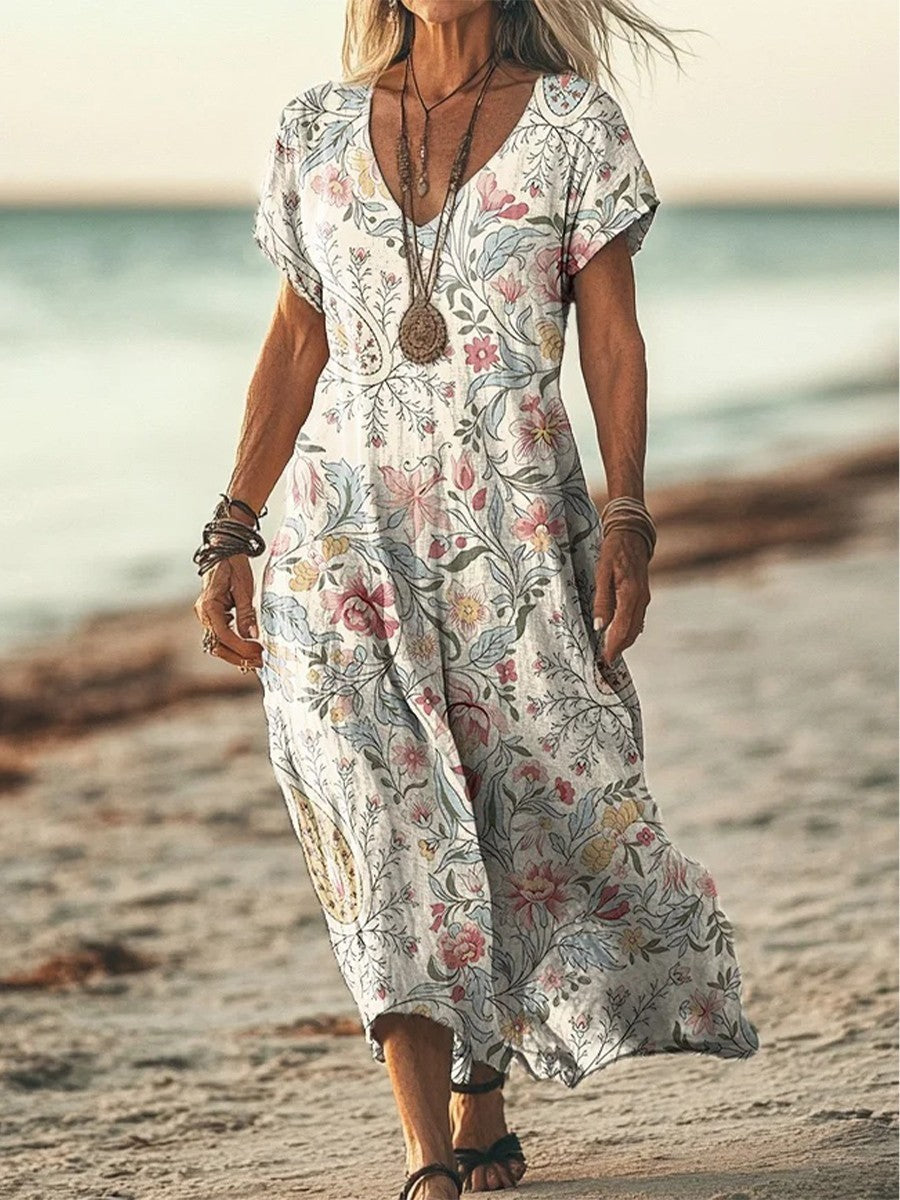 Casual Floral V-Neck Maxi Dress with Pockets - Nocini