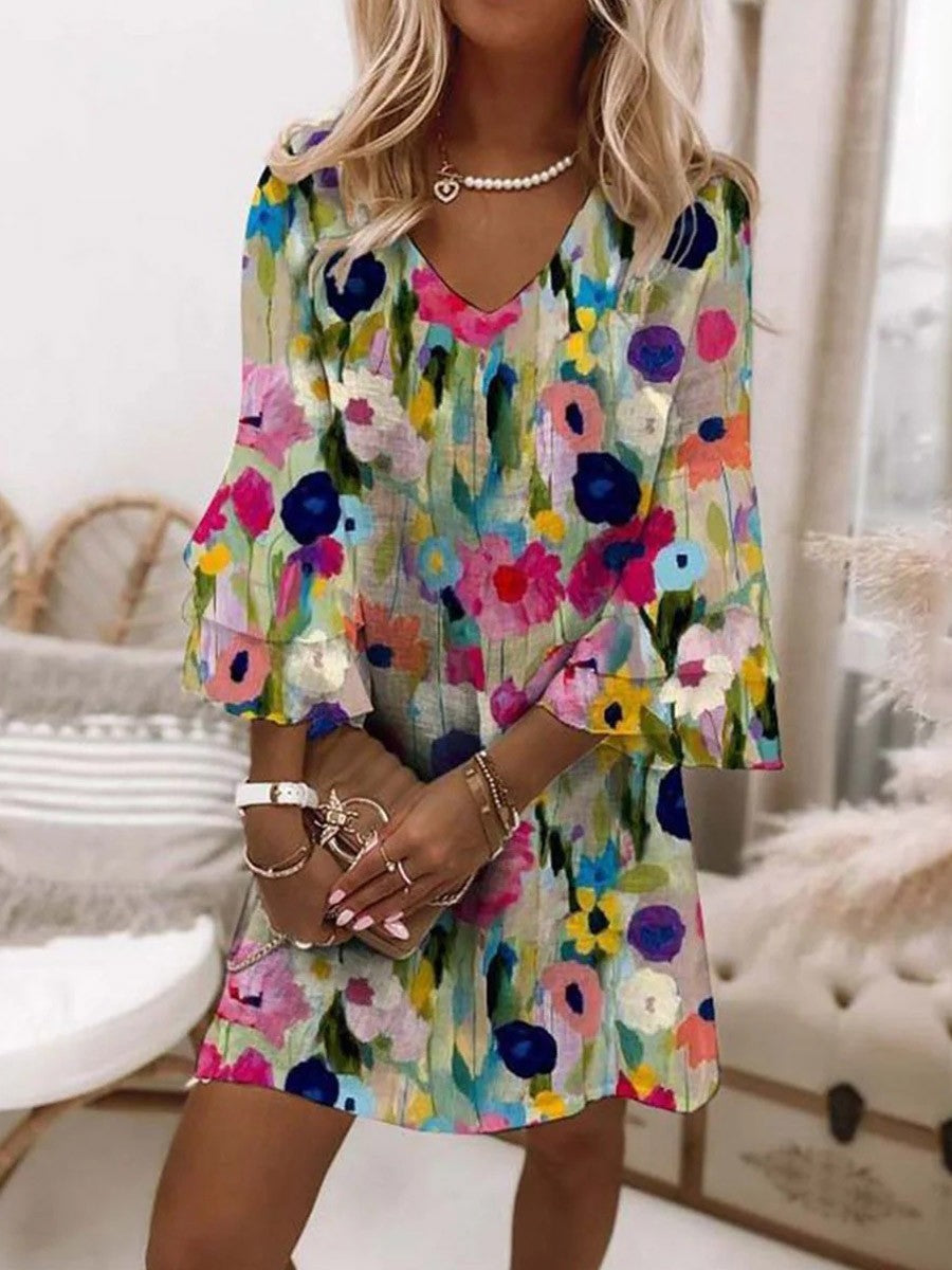 Casual Floral V Neck Mini Dress - Nocini