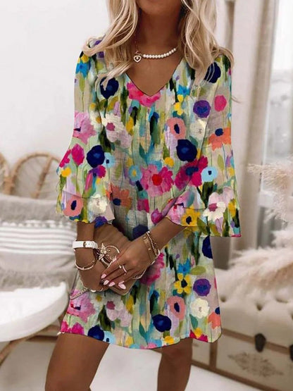 Casual Floral V Neck Mini Dress - Nocini