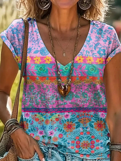 Relaxed Fit V-Neck T-Shirt with Floral Pattern