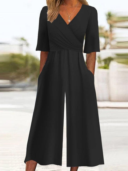 Comfortable Women's Jumpsuit with V-Neck and Wide Legs - Nocini