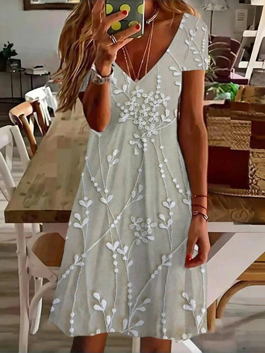 Casual V Neck Mini Dress with Short Sleeves Leaf Print - Nocini