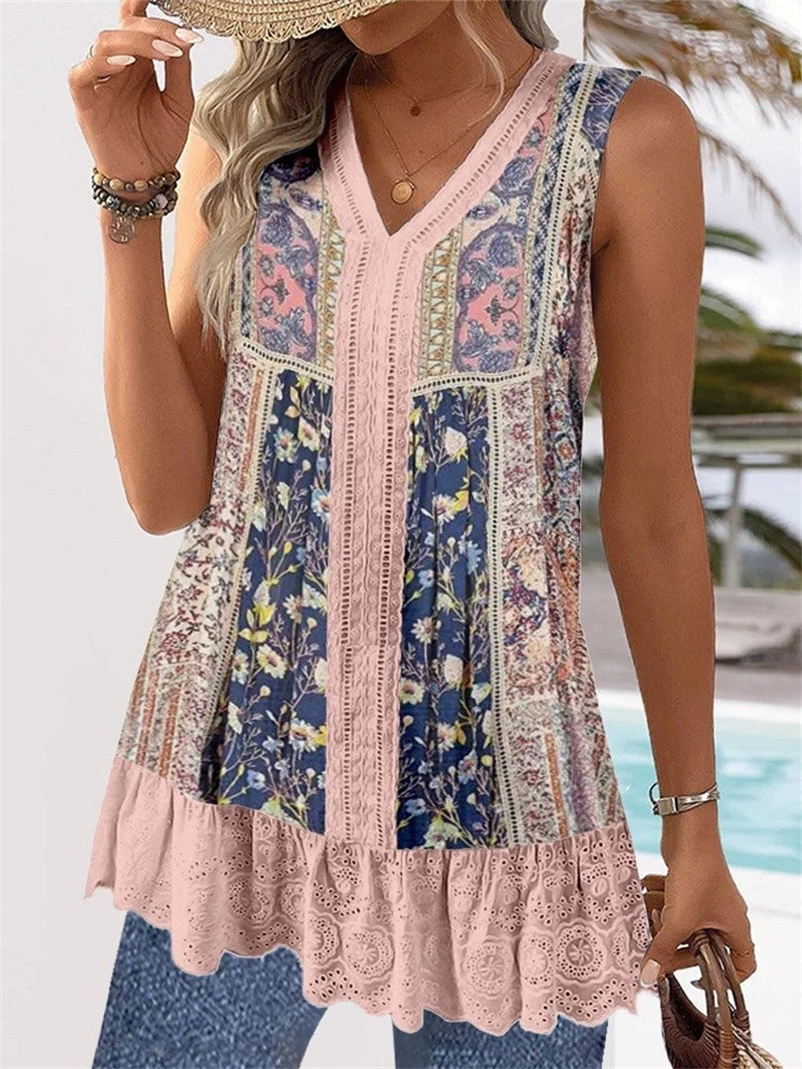 Casual V-Neck Tank Top with Embroidery Details - Nocini