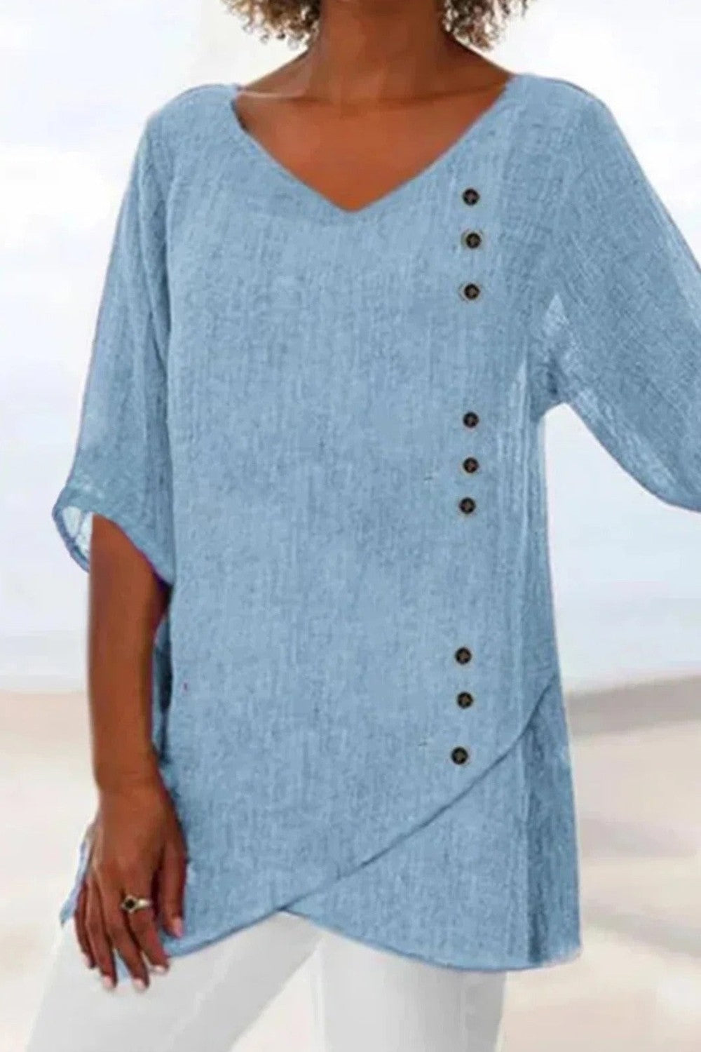 Casual V-Neck Women's Blouse with Asymmetrical Hem - Nocini