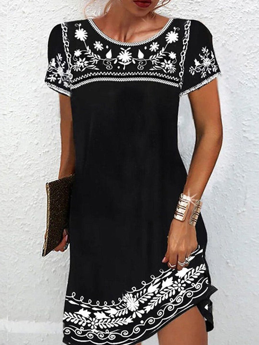 Casual Short Sleeve Embroidered Mini Dress - Nocini