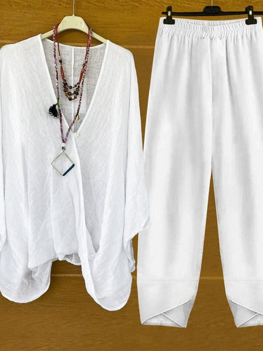Soft V-Neck Top and Comfortable Pants Set - Nocini