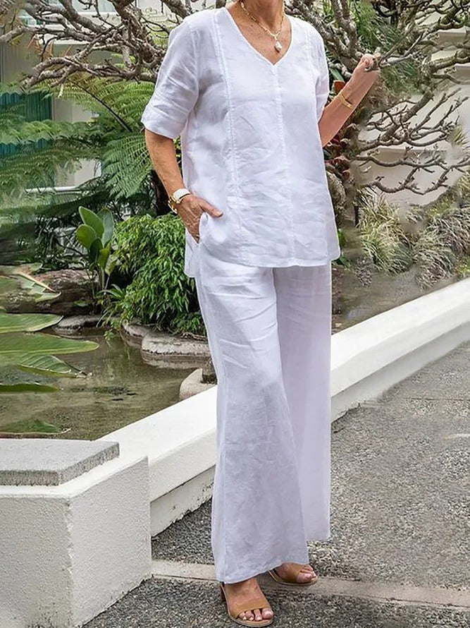 Comfy Women's V-Neck Top and Wide Leg Pants Set - Nocini