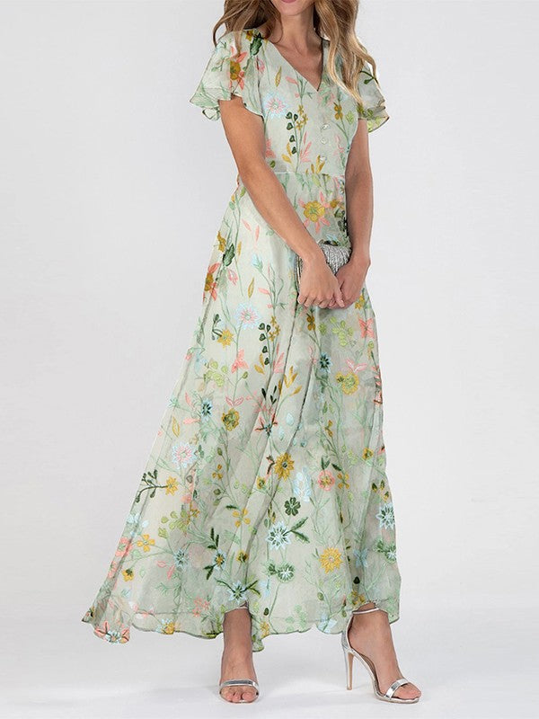 Ladies' Elegant Maxi Dress with V Neck and Ruffles - Nocini