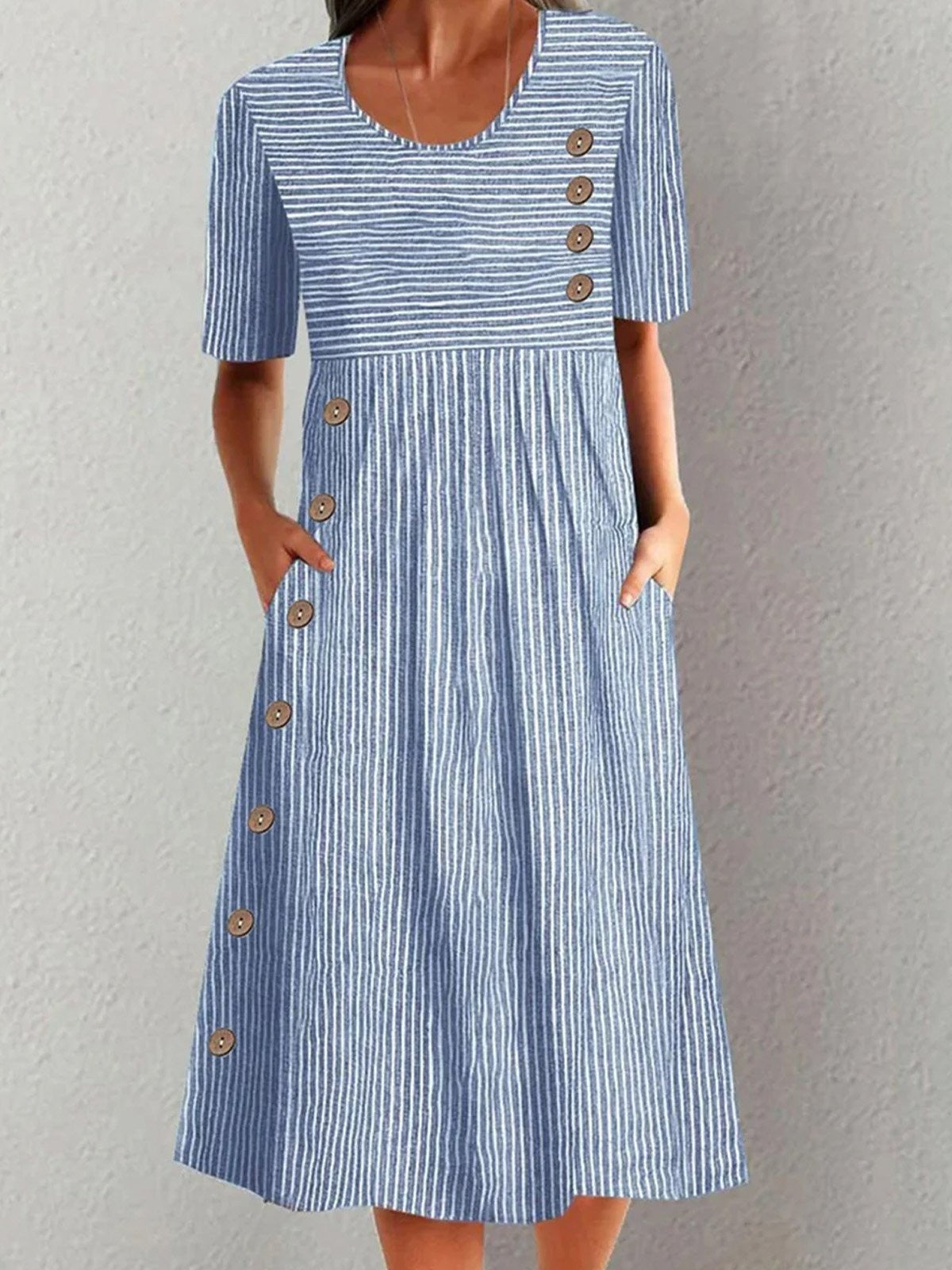 Casual Striped Midi Dress with Pockets - Nocini