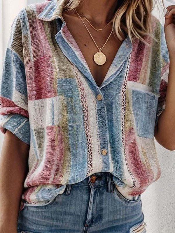 Casual Patchwork Short Sleeve Women's Blouse - Nocini