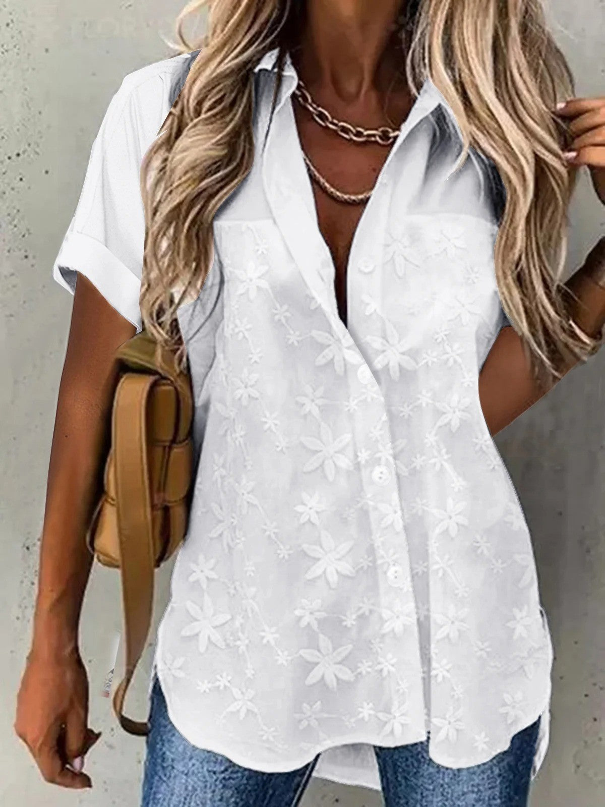 Loose Fit Ladies Blouse with Lace Trim and Buttons - Nocini