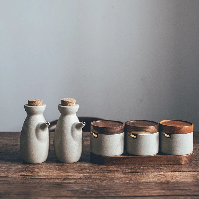Minimalist Speckled Ceramic Jar Set With Cork Stoppers