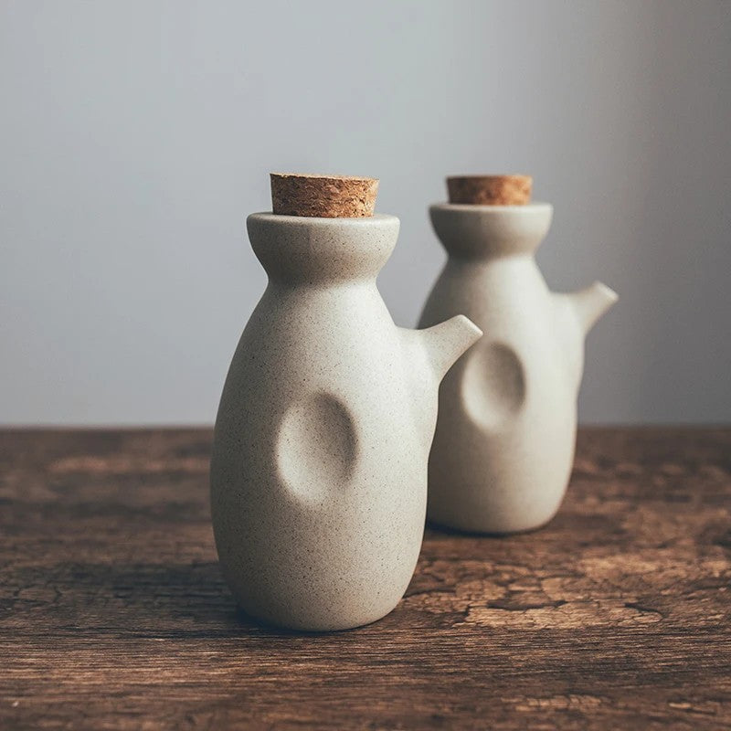 Minimalist Speckled Ceramic Jar Set With Cork Stoppers