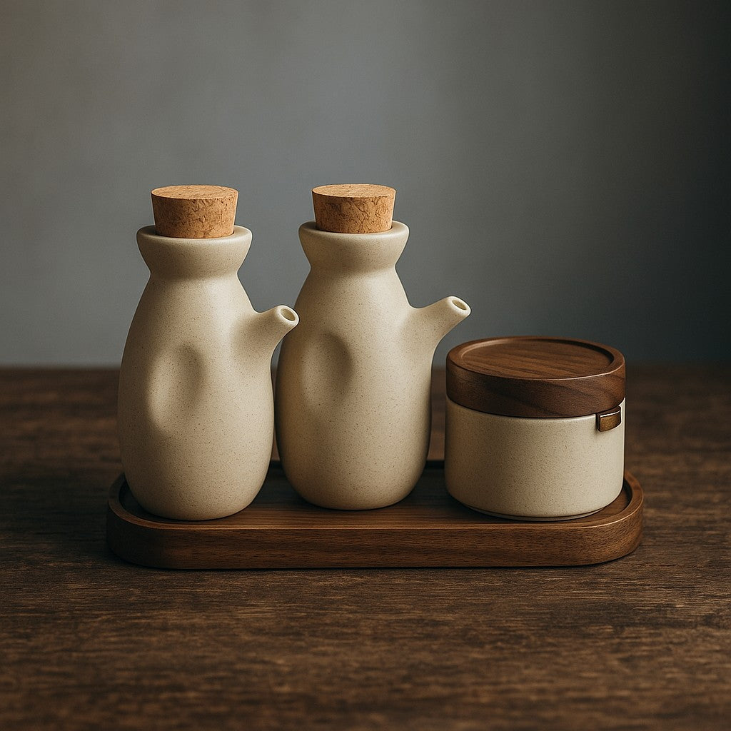 Decorative Stoneware Container Set With Wooden Lids - Nocini