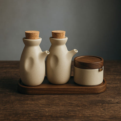 Decorative Stoneware Container Set With Wooden Lids - Nocini