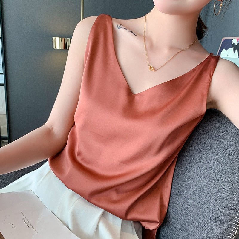 Women's Summer V-Neck Tank Top with Broad Shoulder Straps