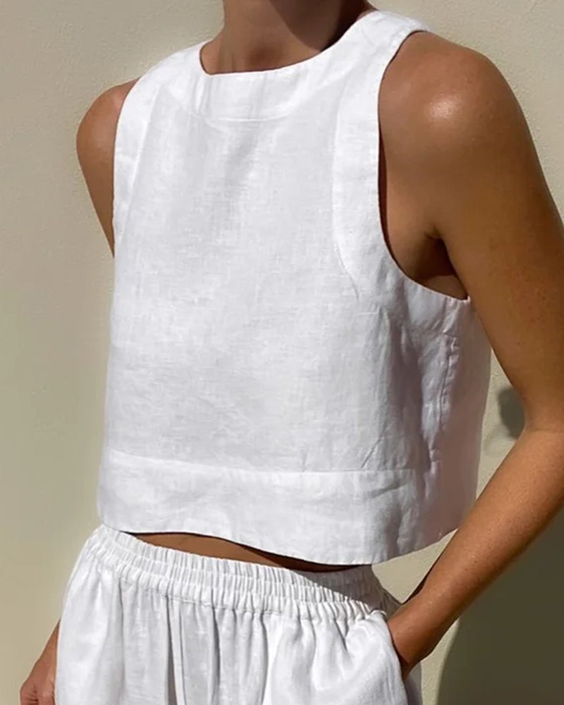 Elegant Ladies Linen Crop Top and Pants Set