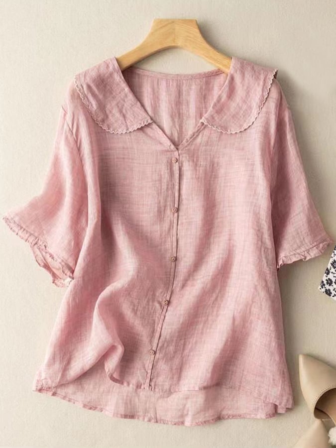 Classic Navy Blue Linen Short Sleeve Ladies Shirt - Olytrend