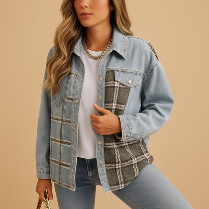 Women’s checked denim-look jacket with a relaxed fit and long sleeves, ideal for casual layering and semi-formal outfits.