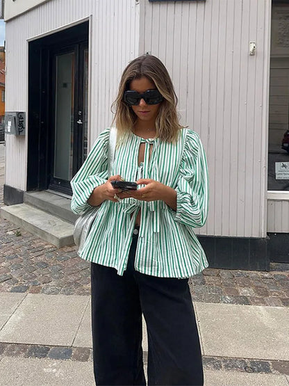 Checked Ladies Blouse with Puff Sleeves – Maeve-Green-S-State of Style