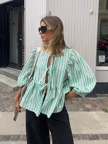 Classic Women's Blouse with Ruffled Sleeves - Pexav