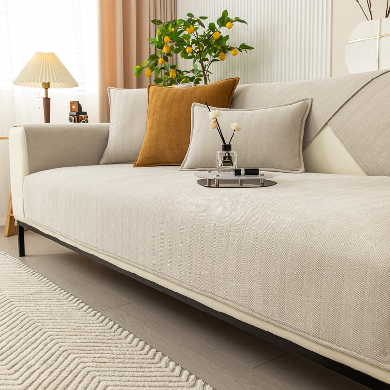 Chenille Bank Protector with Herringbone Structure – VeluraShield-Beige-27.6×27.6in-Nora Luxe