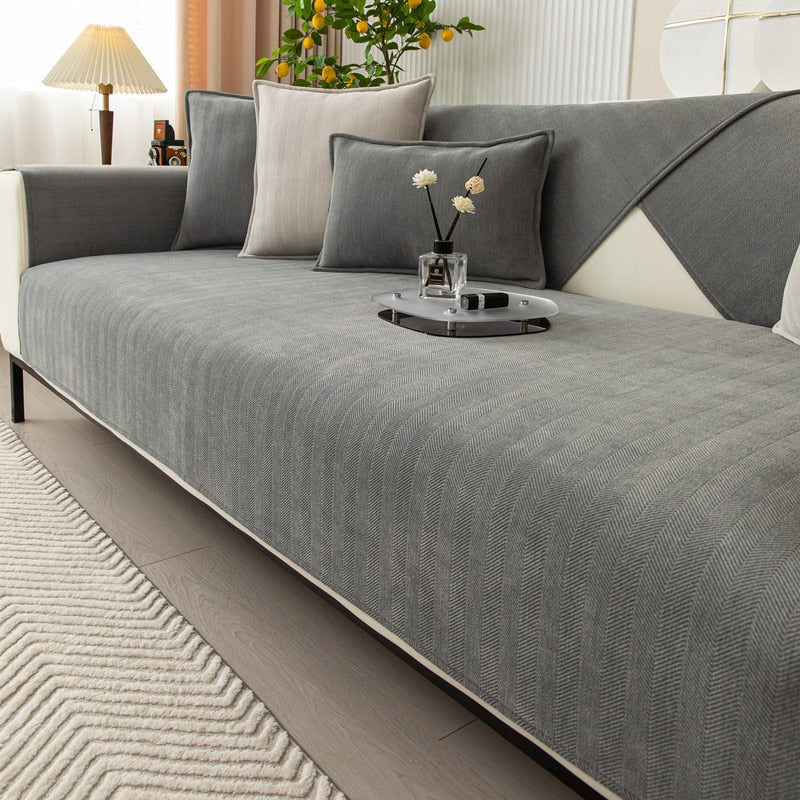 Chenille Bank Protector with Herringbone Structure – VeluraShield-Gray-27.6×27.6in-Nora Luxe
