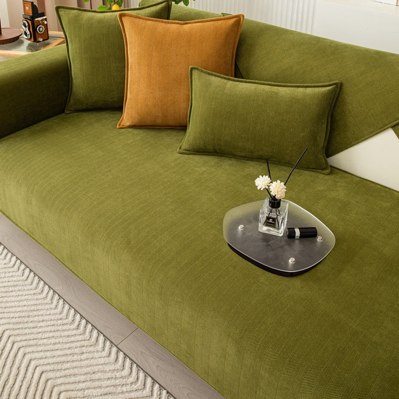 Chenille Bank Protector with Herringbone Structure – VeluraShield-Green-27.6×27.6in-Nora Luxe
