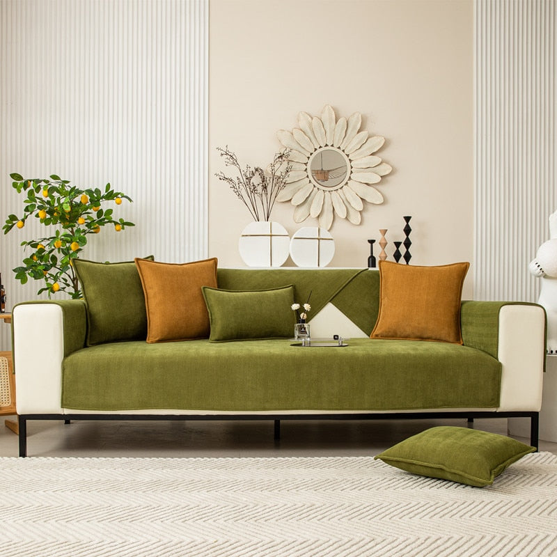 Chenille Bank Protector with Herringbone Structure – VeluraShield-Green-27.6×27.6in-Nora Luxe