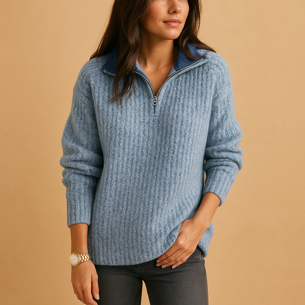 Chic half zip sweater for women with slightly tailored fit and breathable fabric, available in Khaki, Dark Gray, Gray, Blue, and Black.