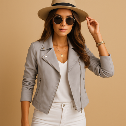 Chic short summer jacket for women in breathable lightweight fabric with modern cut, tailored fit, and versatile style for casual outfits, travel, or smart occasions.
