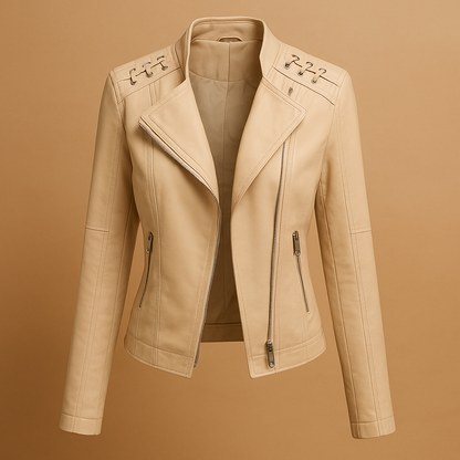 Women’s mid-season jacket with stand-up collar and silver zipper details, ideal for casual and elegant spring or fall looks.