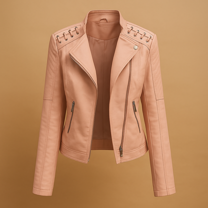 Women’s mid-season jacket with stand-up collar and silver zipper details, ideal for casual and elegant spring or fall looks.