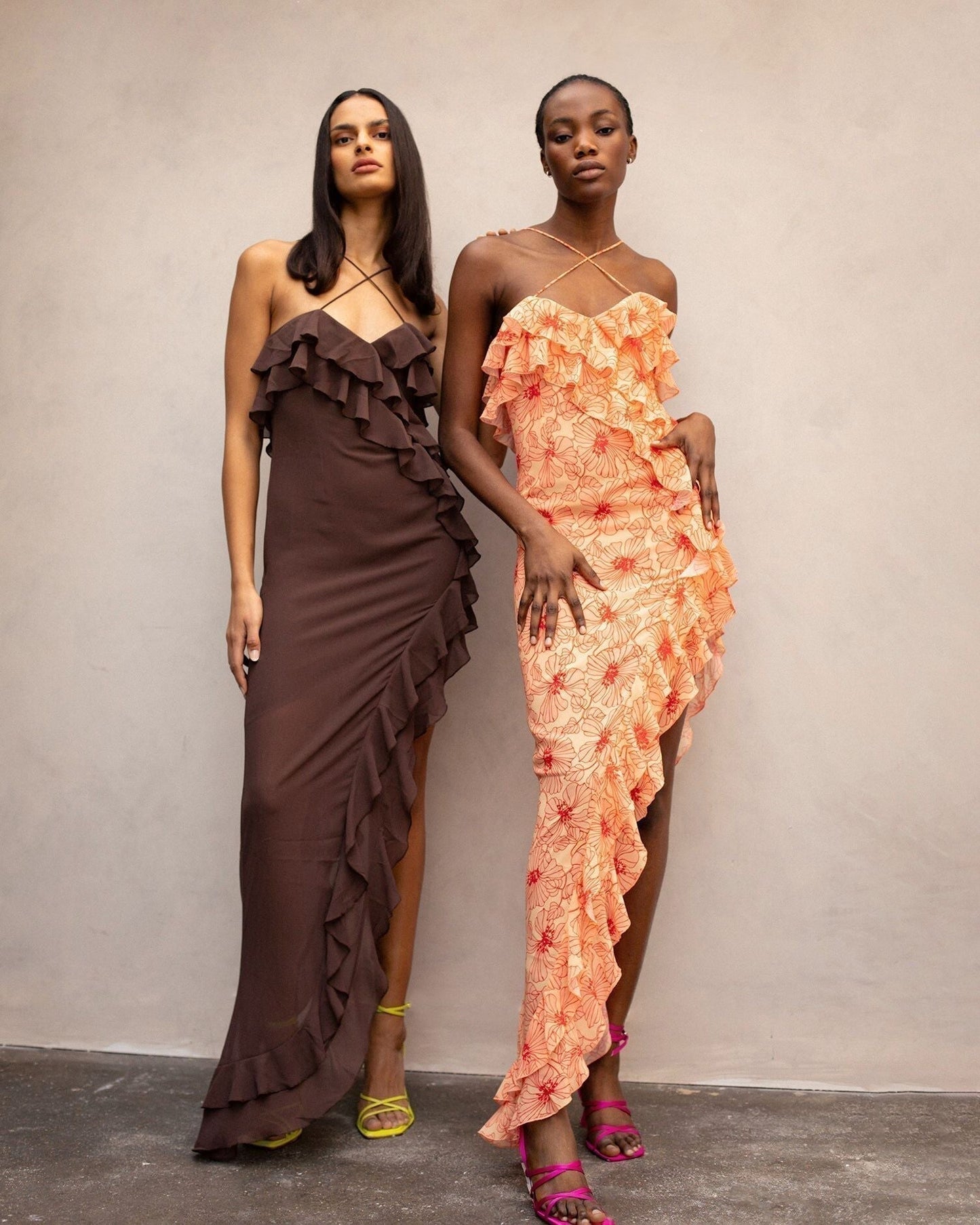 Flowy Long Ruffle Dress with V Neckline - Pexav