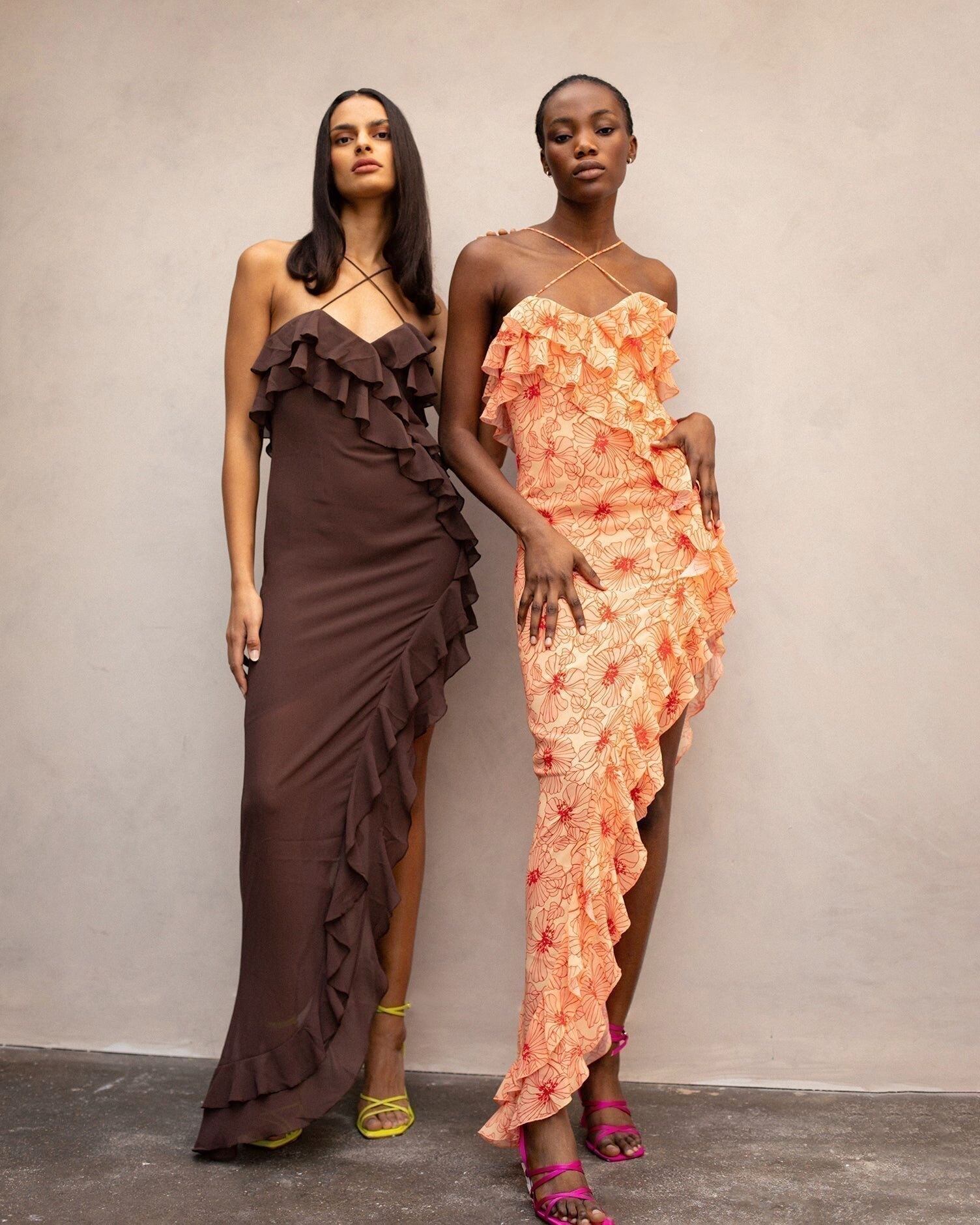 Flowy Long Ruffle Dress with V Neckline - Pexav