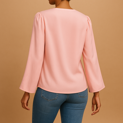 Women’s chiffon V-neck blouse with puff sleeves and relaxed fit, perfect for casual days, summer lunches, or elegant dinners.