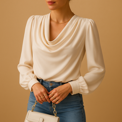 Women’s chiffon V-neck blouse with puff sleeves and relaxed fit, perfect for casual days, summer lunches, or elegant dinners.