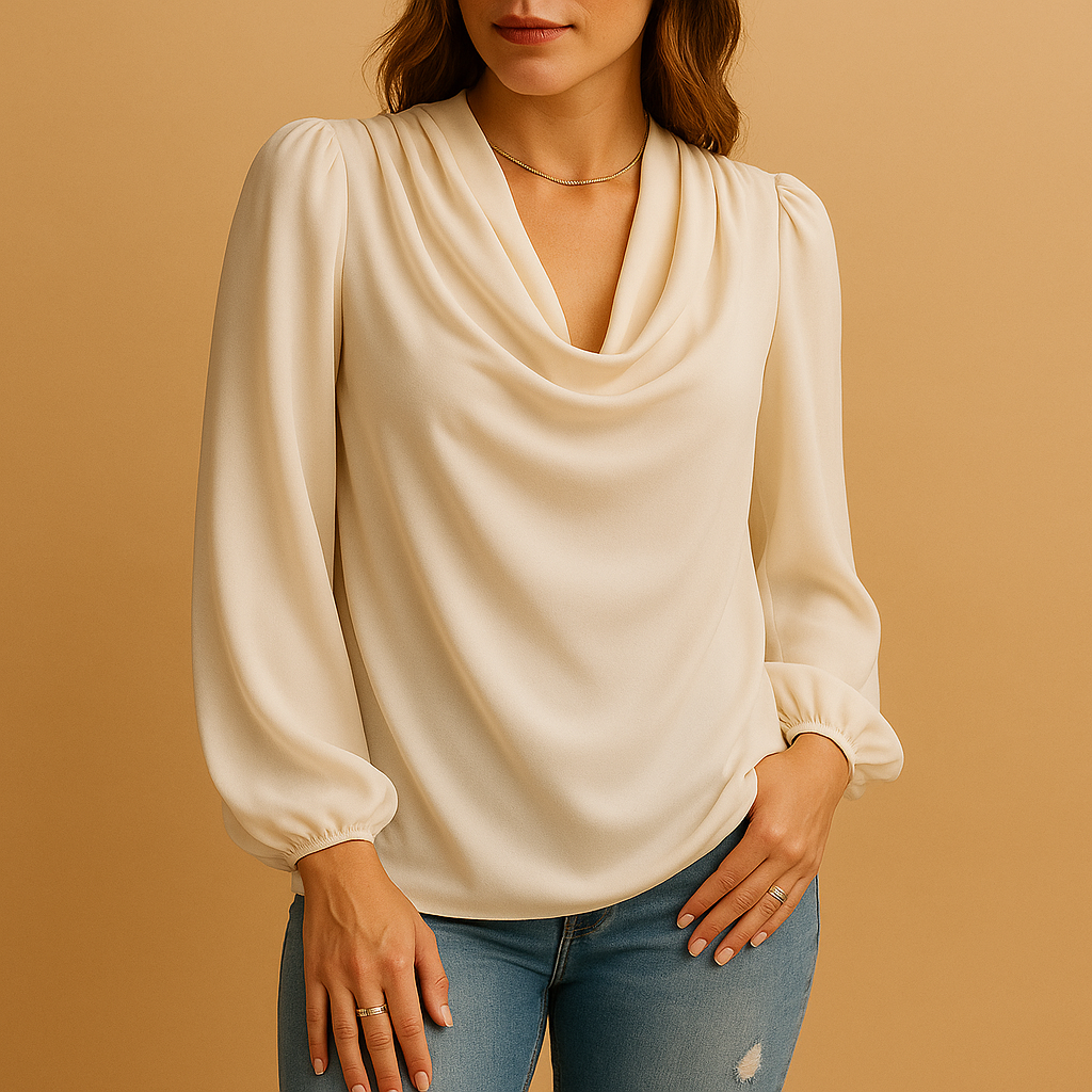 Flowy V-neck Women's Blouse with Puffy Sleeves - Nocini